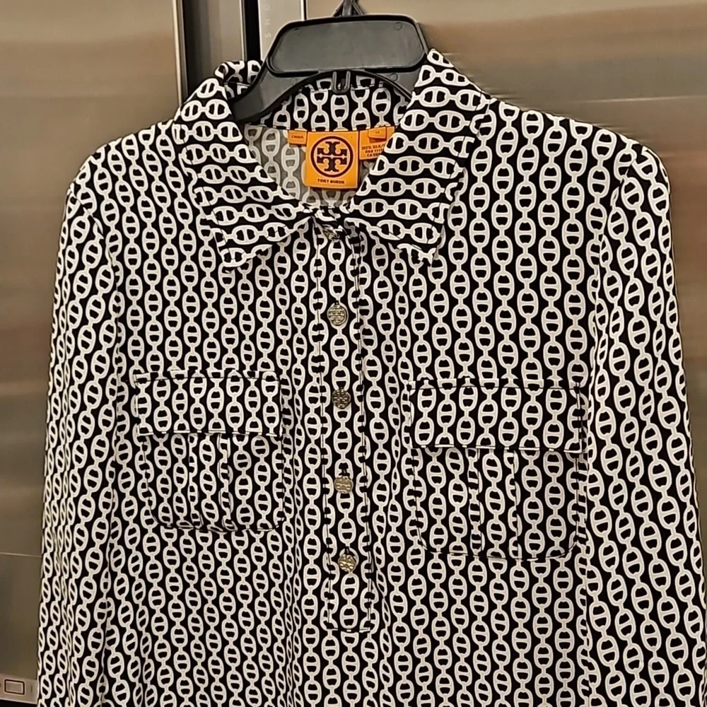 💕TORY BURCH💕 Long Sleeve Button Front Shirt Dress ~ 12 Geometric Chain Print